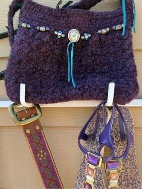 Boho Custom Lodi Designer Handcrafted Purple Crochet/ Leather Beaded Shoulder Bg